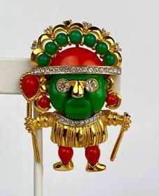 Hattie Carnegie Gold Tone Aztec Figural Brooch