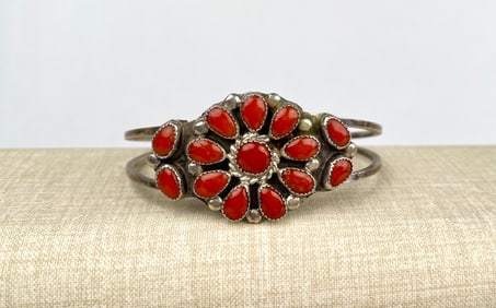 Sterling Silver and Coral Cluster Cuff Bracelet Marked PLN
