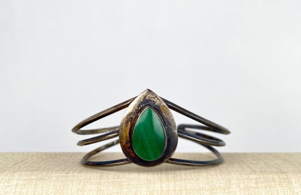 Signed Sterling Silver Cuff Bracelet with Malachite Stone Accent