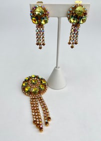 Vintage Rhinestone Fringe Clip On Earrings and Pendant Set