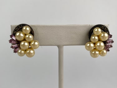 Vintage Faux Pearl and Pink Baguette Rhinestone Cluster Earrings