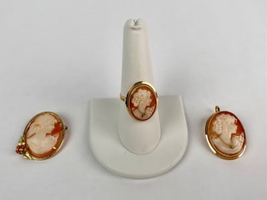 Lot of Three Vintage Shell Cameo Jewelry in 14K Gold