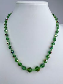Mid Century Green Aurora Borealis Faceted Glass Bead Necklace