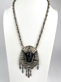 Egyptian Revival Pharaoh Pendant Necklace with Amber Tone Glass Face