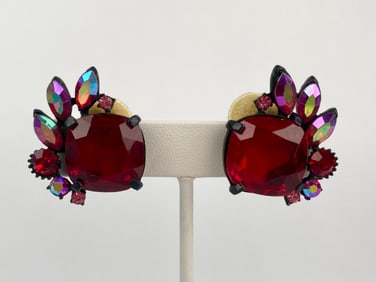 Pair of Red Rhinestone and Aurora Borealis Clip On Earrings