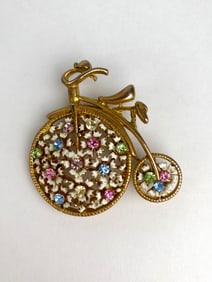 Penny Farthing Bicycle Brooch with Enamel and Rhinestone Flowers