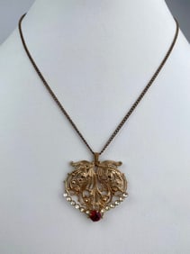 Victorian Revival Filigree Pendant Necklace with Red and Clear Rhinestones