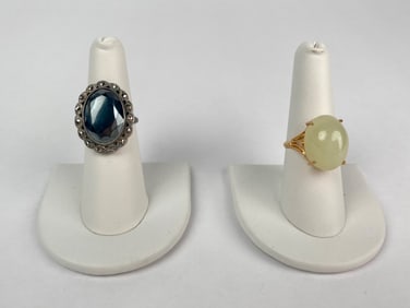 Pair of Vintage Hematite and Green Cabochon Rings