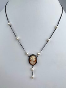 Sterling Silver Italian Cameo and Freshwater Pearl Necklace