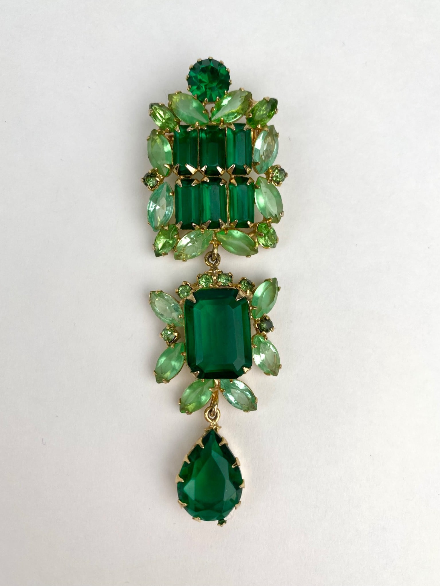 Mid Century Tiered Green Rhinestone Brooch (1 of 9)