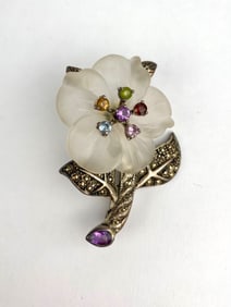Art Deco Inspired Frosted Glass Flower Brooch with Marcasite Accents