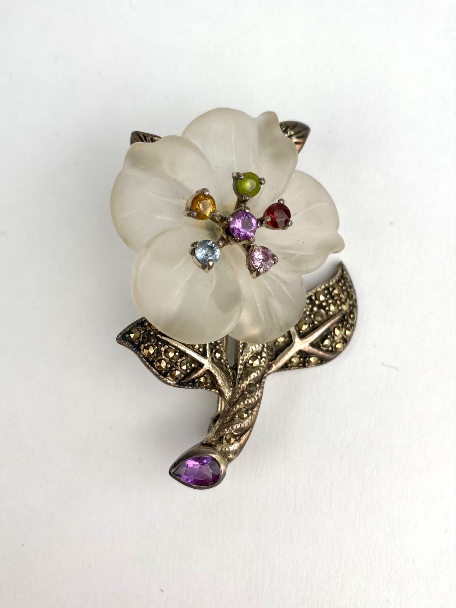 Art Deco Inspired Frosted Glass Flower Brooch with Marcasite Accents (1 of 11)