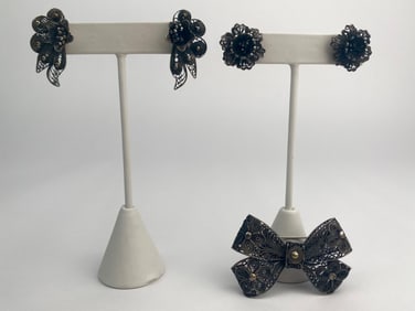 Vintage Silver Filigree Set of Two Earrings and Brooch