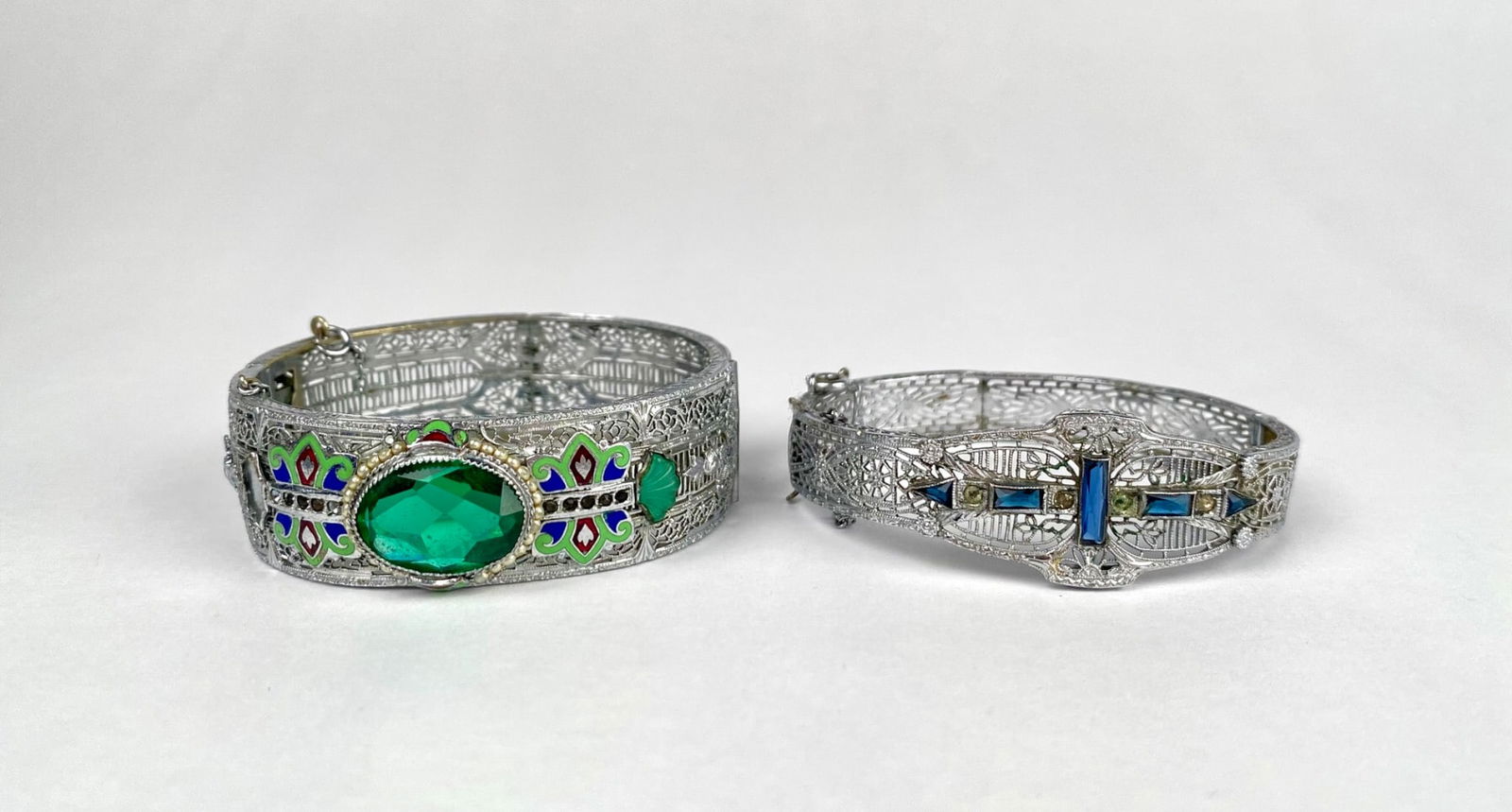 Pair of Vintage Filigree Art Deco Inspired Bracelets with Colored Stones (1 of 12)