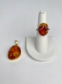 Amber Ring and Pendant Set in Sterling Silver and Gold Tone Settings