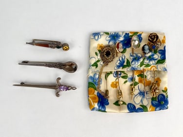 Collection of Gold Tone and 14K Stick Pins and Silver Brooches