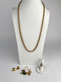14K Gold Filled Rope Chain with Charms, Cufflinks and Sterling Silver Mexican Ring