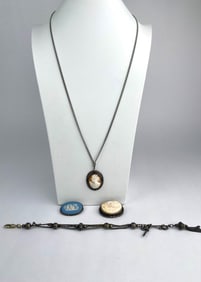 Victorian Sterling Silver Jewelry Lot with Cameos and Watch Fob