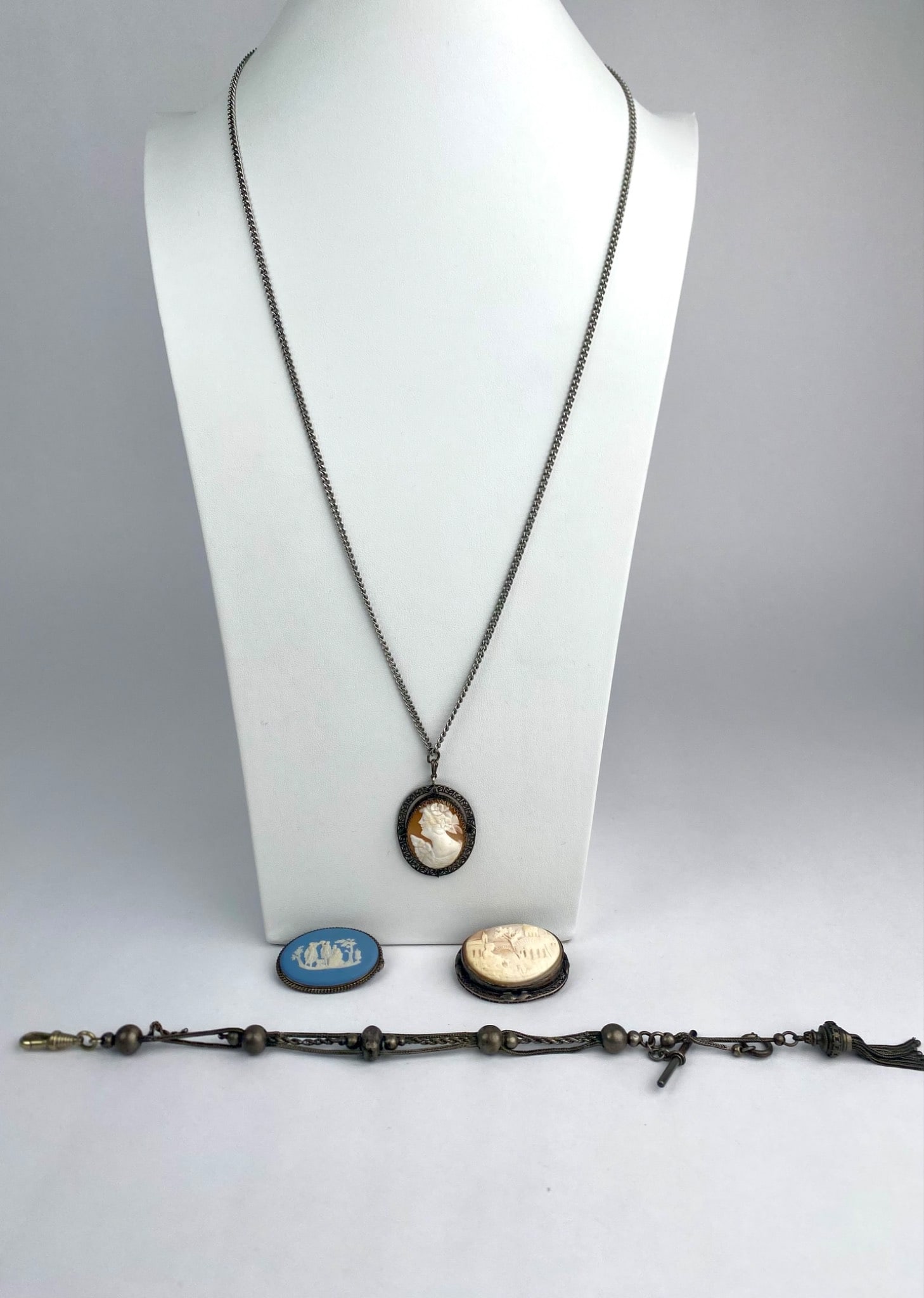 Victorian Sterling Silver Jewelry Lot with Cameos and Watch Fob (1 of 12)