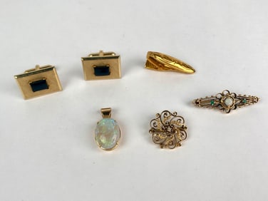 Assorted Gold Tone Jewelry, Including Brooches, Pendant, Cufflinks, and Tie Clip