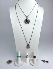 Lot of Sterling Silver Jewelry Featuring Gemstone Pendants, Rings, and Brooches