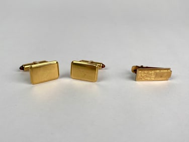 Mid Century Krementz Gold Tone Cuff Links and Tie Clip