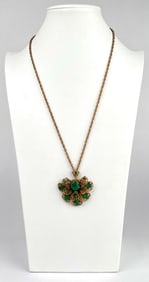 Vintage Filigree Pendant Necklace with Emerald Green Rhinestones