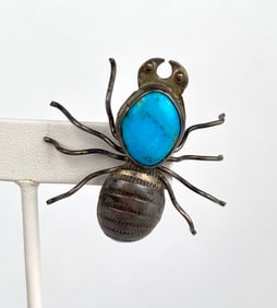 Silver Spider Brooch with Turquoise Stone Accent