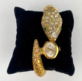 Vintage Kenneth Jay Lane Snake Bracelet Watch with Rhinestones