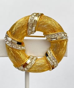 Corocraft Gold Tone Brooch with Clear Rhinestone Accents