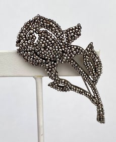 Mid Century Silver Toned Marcasite Rose Brooch