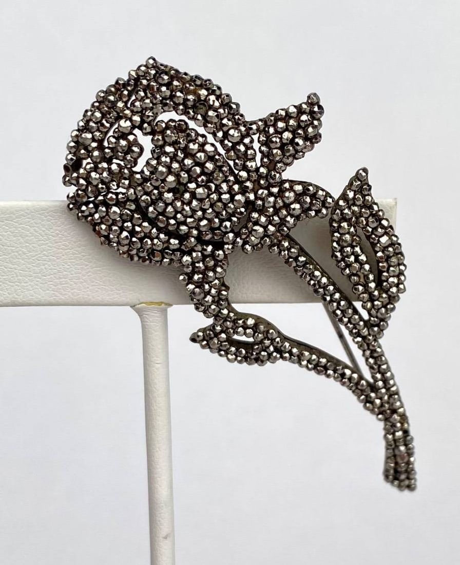 Mid Century Silver Toned Marcasite Rose Brooch (1 of 6)