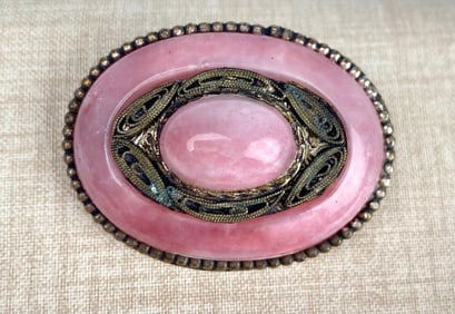 Art Deco Czech Pink Glass and Filigree Brooch