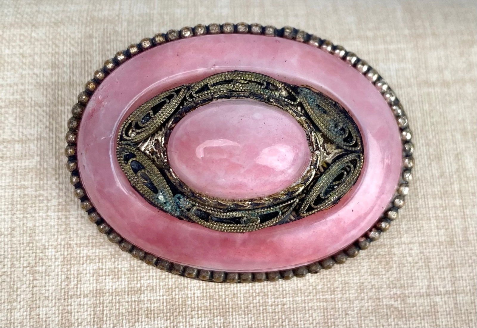 Art Deco Czech Pink Glass and Filigree Brooch (1 of 5)