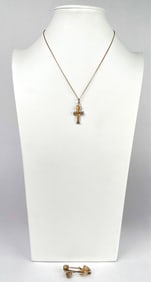 10K Yellow Gold Chain With Enamel Ankh Pendant and Floral Pin