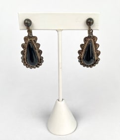 Pair of Sterling Screw Back Earrings with Onyx Teardrop Stones