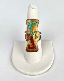 Native American Sterling Silver Ring with Turquoise and Coral Inlay