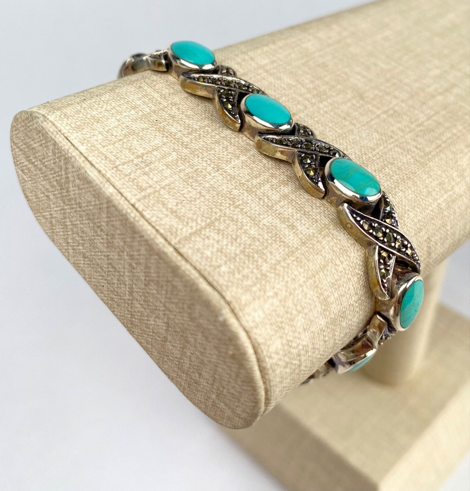Sterling Silver and Turquoise Link Bracelet with Marcasite Inlay (1 of 8)