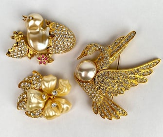 Set of 3 Nolan Miller Brooches with Pearl and Rhinestone Details