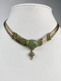 Sterling Silver and Green Turquoise Multi Strand Collar Necklace