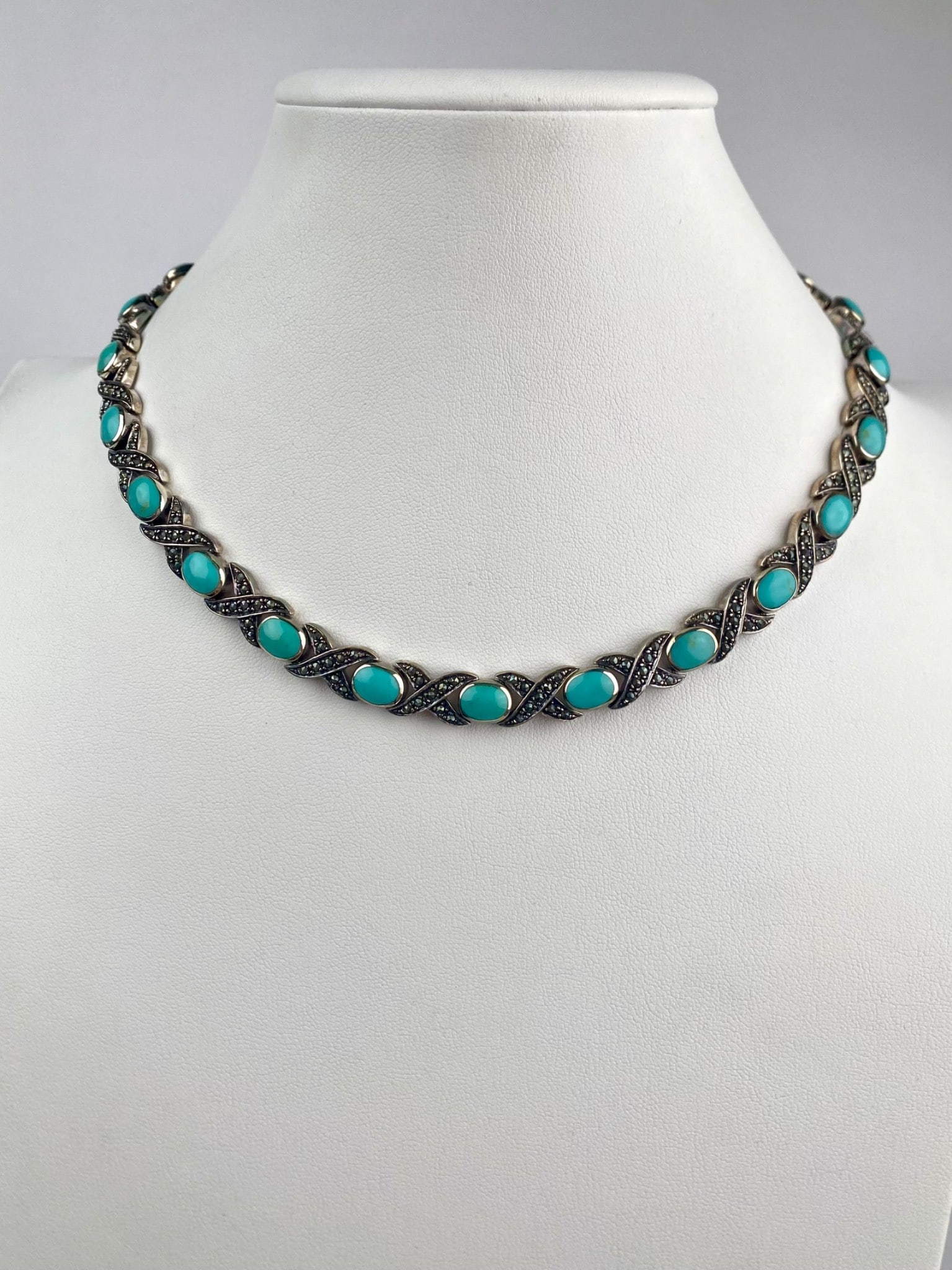 Sterling Silver Turquoise Stones and Marcasite Collar Necklace (1 of 9)