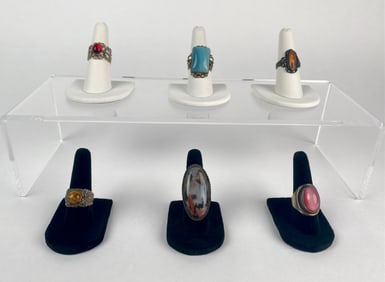 Collection of Six Sterling Silver Rings With Colorful Cabochons