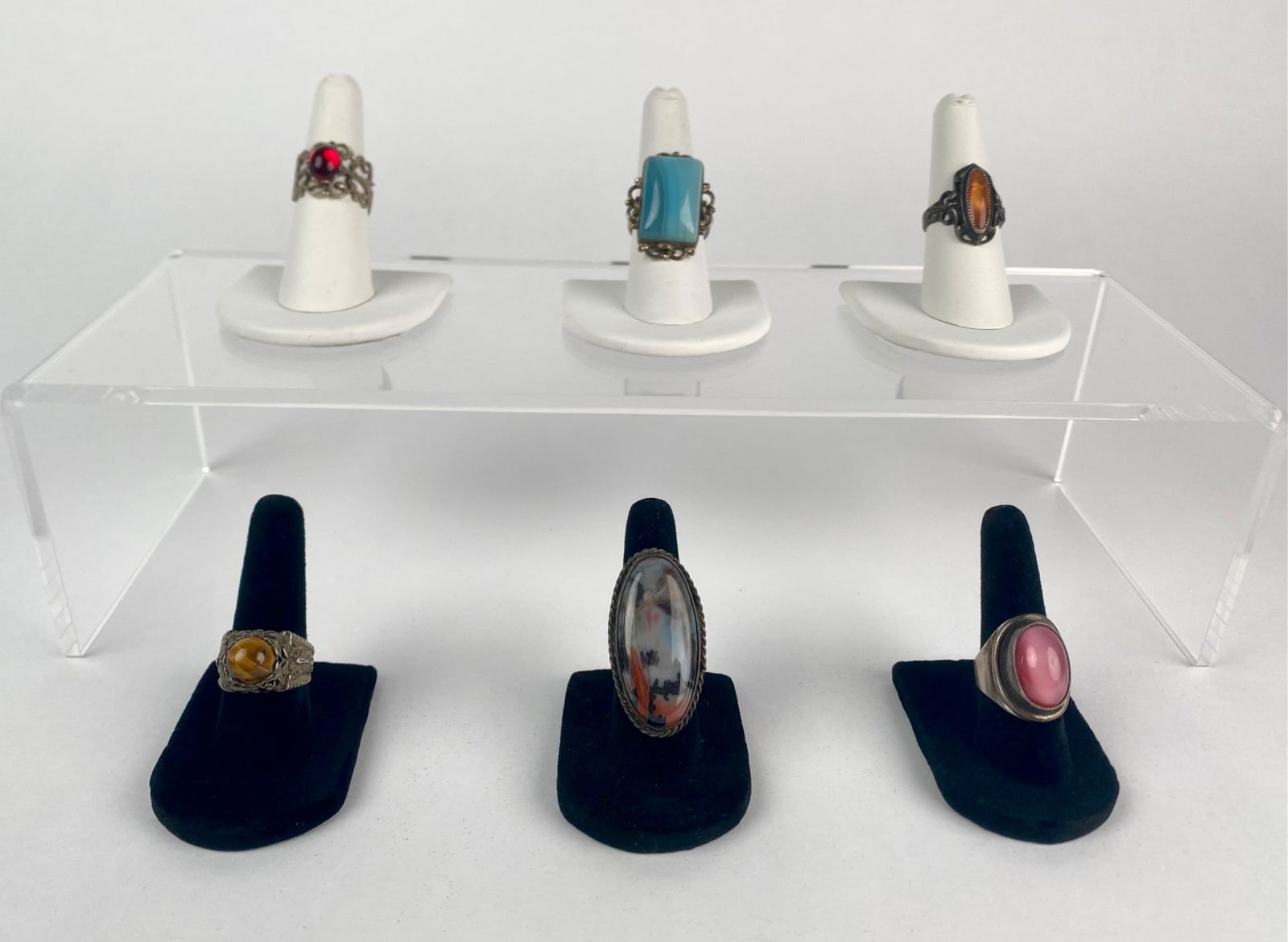 Collection of Six Sterling Silver Rings With Colorful Cabochons (1 of 12)