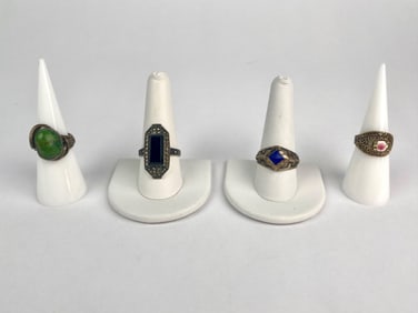 Set of Four Sterling Silver Rings with Gemstone Inlays