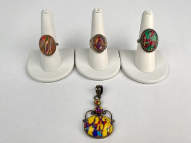 Lot of Four Sterling Silver Abstract Art Stone Rings and Pendant