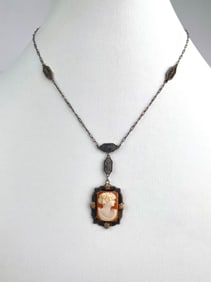 Art Deco Sterling Silver Cameo Pendant Necklace