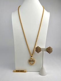 Nolan Miller Crystal Heart Pendant Necklace, Earrings and Brooch Set