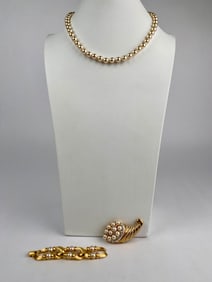 Nolan Miller Faux Pearl Necklace, Brooch, and Bracelet Link Set
