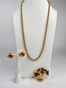 Nolan Miller Gold Tone Necklace, Clip On Earrings, and Brooch Set