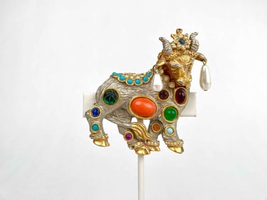 Jewels of Fantasy Bull brooch by Kenneth Jay Lane. Bull brooch is adorned with multi color stones